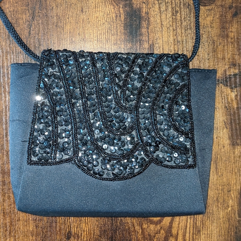 Vintage Evening Bag Mini Crossbody Sequin Black Satin